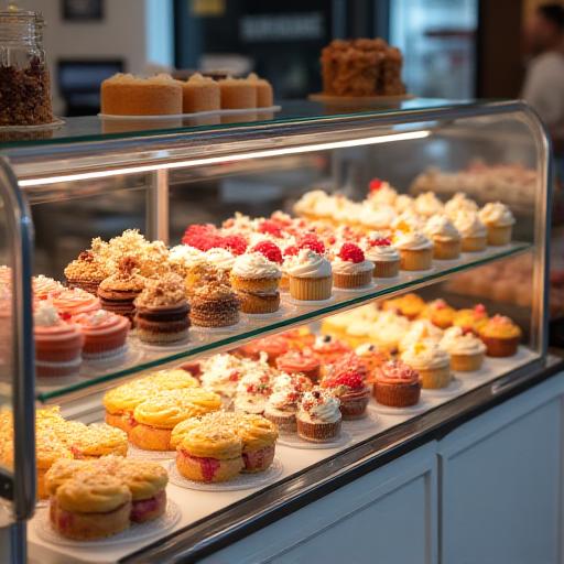 Expositor de cristal lleno de tartas y pasteles variados