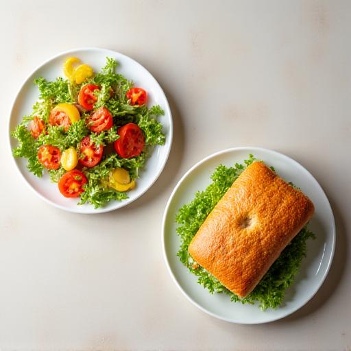 Sándwich fresco y una ensalada colorida en platos blancos
