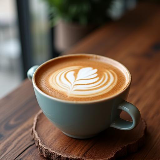 Taza de café con latte art sobre una mesa de madera