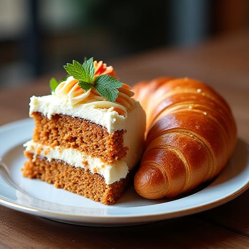 Porción de tarta de zanahoria junto a un croissant