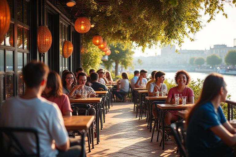 Gente conversando y relajándose en la terraza de Cauce Café
